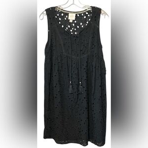 Knox Rose Black Eyelet Boho Dress Small Lace Up Tassel Fringe Tunic Mini Lined
